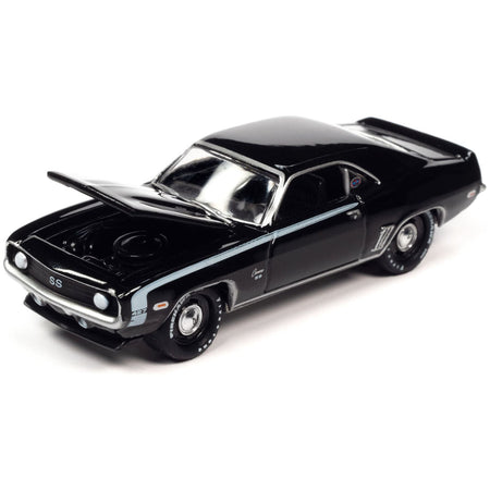 1969 Chevrolet Camaro SS Black with White Stripes and 2013 Chevrolet Camaro ZL1 Convertible Inferno Orange Metallic with Black Top and Stripes "Nickey Chicago" Set of 2 Cars "2 - Packs" 2023 Release 1 1/64 Diecast Model Cars by Johnny Lightning - Johnny Lightning - ModelCars.com