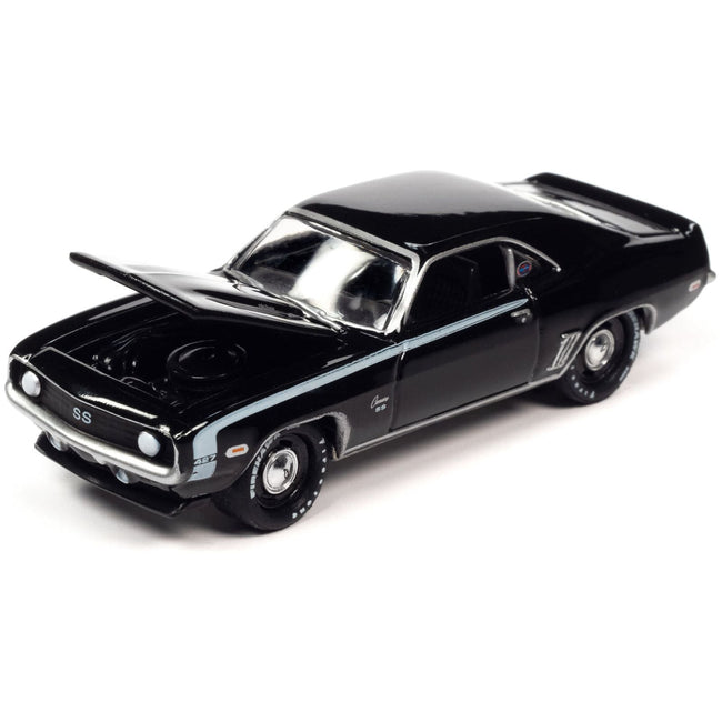 1969 Chevrolet Camaro SS Black with White Stripes and 2013 Chevrolet Camaro ZL1 Convertible Inferno Orange Metallic with Black Top and Stripes "Nickey Chicago" Set of 2 Cars "2 - Packs" 2023 Release 1 1/64 Diecast Model Cars by Johnny Lightning - Johnny Lightning - ModelCars.com