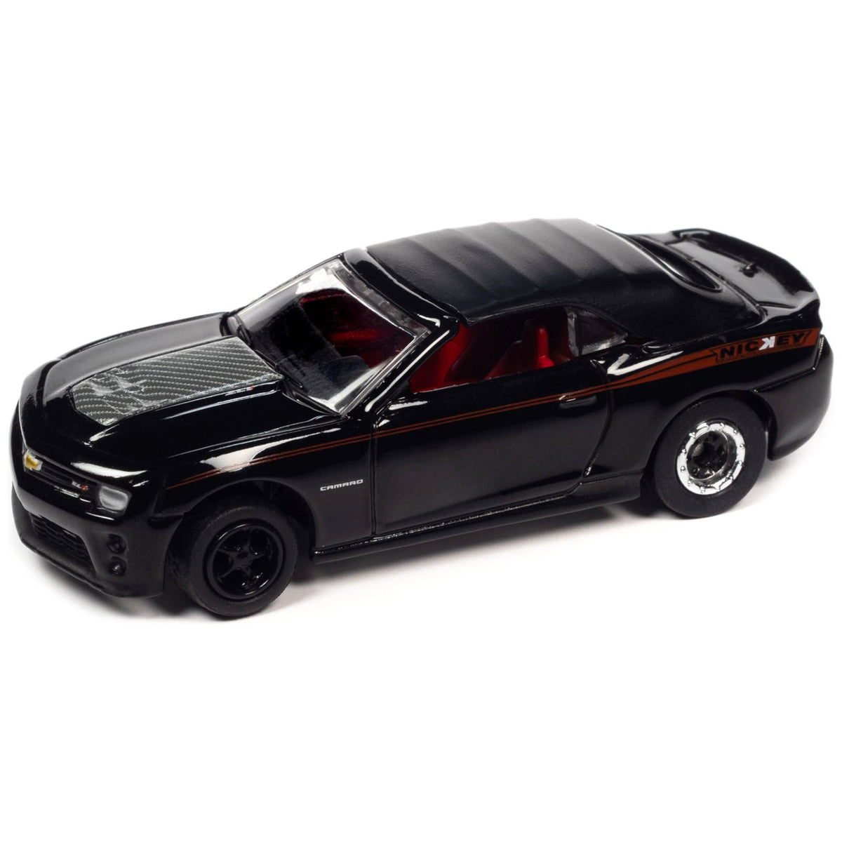 1969 Chevrolet Camaro SS Red with Black Stripes and 2013 Chevrolet Camaro ZL1 Convertible Black with Red Stripes and Interior "Nickey Chicago" Set of 2 Cars "2-Packs" 2023 Release 1 1/64 Diecast Model Cars by Johnny Lightning-Johnny Lightning-ModelCars.com
