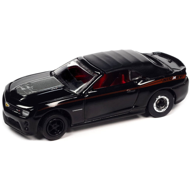 1969 Chevrolet Camaro SS Red with Black Stripes and 2013 Chevrolet Camaro ZL1 Convertible Black with Red Stripes and Interior "Nickey Chicago" Set of 2 Cars "2-Packs" 2023 Release 1 1/64 Diecast Model Cars by Johnny Lightning-Johnny Lightning-ModelCars.com