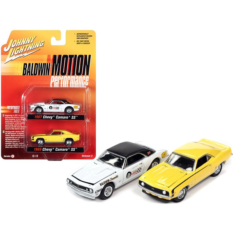 1969 Chevrolet Camaro SS Yellow and 1967 Chevrolet Camaro SS White "Baldwin Motion Performance" Set of 2 pieces 1/64 Diecast Model Cars by Johnny Lightning-Johnny Lightning-ModelCars.com