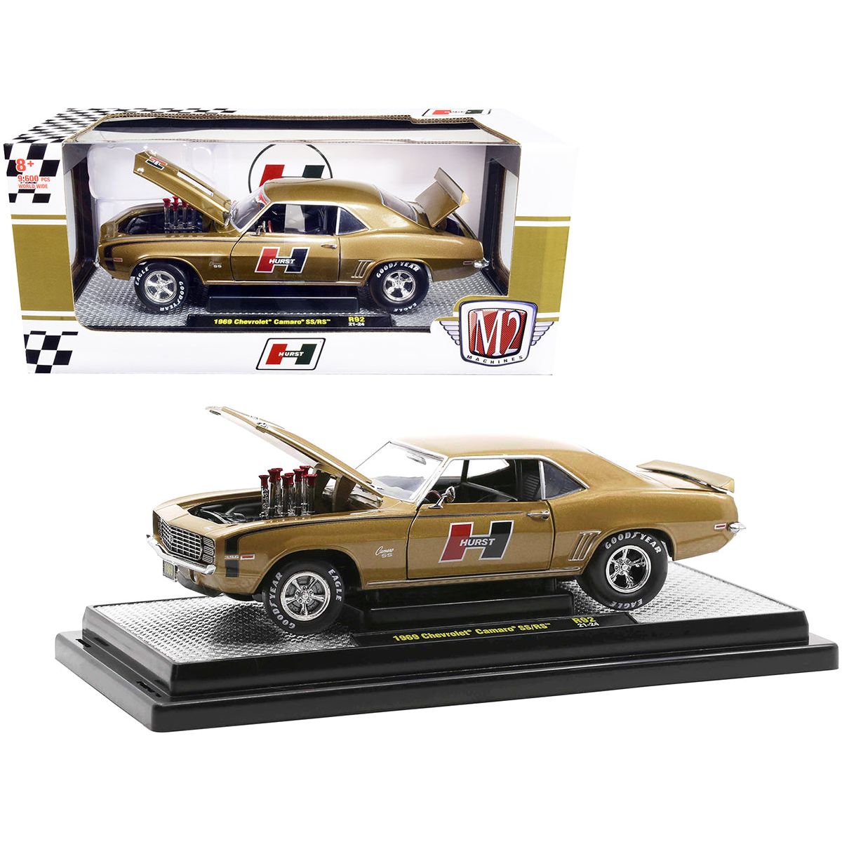 1969 Chevrolet Camaro SS/RS Gold Metallic with Black Stripes "Hurst" Limited Edition to 9600 pieces Worldwide 1/24 Diecast Model Car by M2 Machines-M2-ModelCars.com
