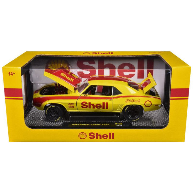1969 Chevrolet Camaro SS/RS "Shell Oil" Yellow with Red Stripes Limited Edition to 6550 pieces Worldwide 1/24 Diecast Model Car by M2 Machines-M2-ModelCars.com