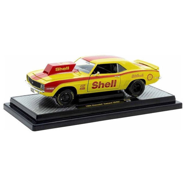1969 Chevrolet Camaro SS/RS "Shell Oil" Yellow with Red Stripes Limited Edition to 6550 pieces Worldwide 1/24 Diecast Model Car by M2 Machines-M2-ModelCars.com