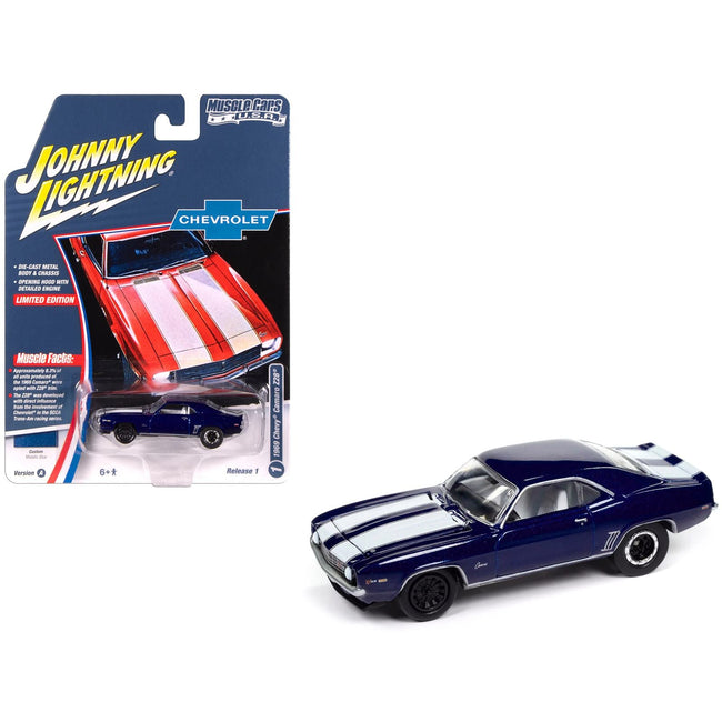 1969 Chevrolet Camaro Z28 Blue Metallic with White Stripes and Interior "Muscle Cars USA" Series 1/64 Diecast Model Car by Johnny Lightning-Johnny Lightning-ModelCars.com
