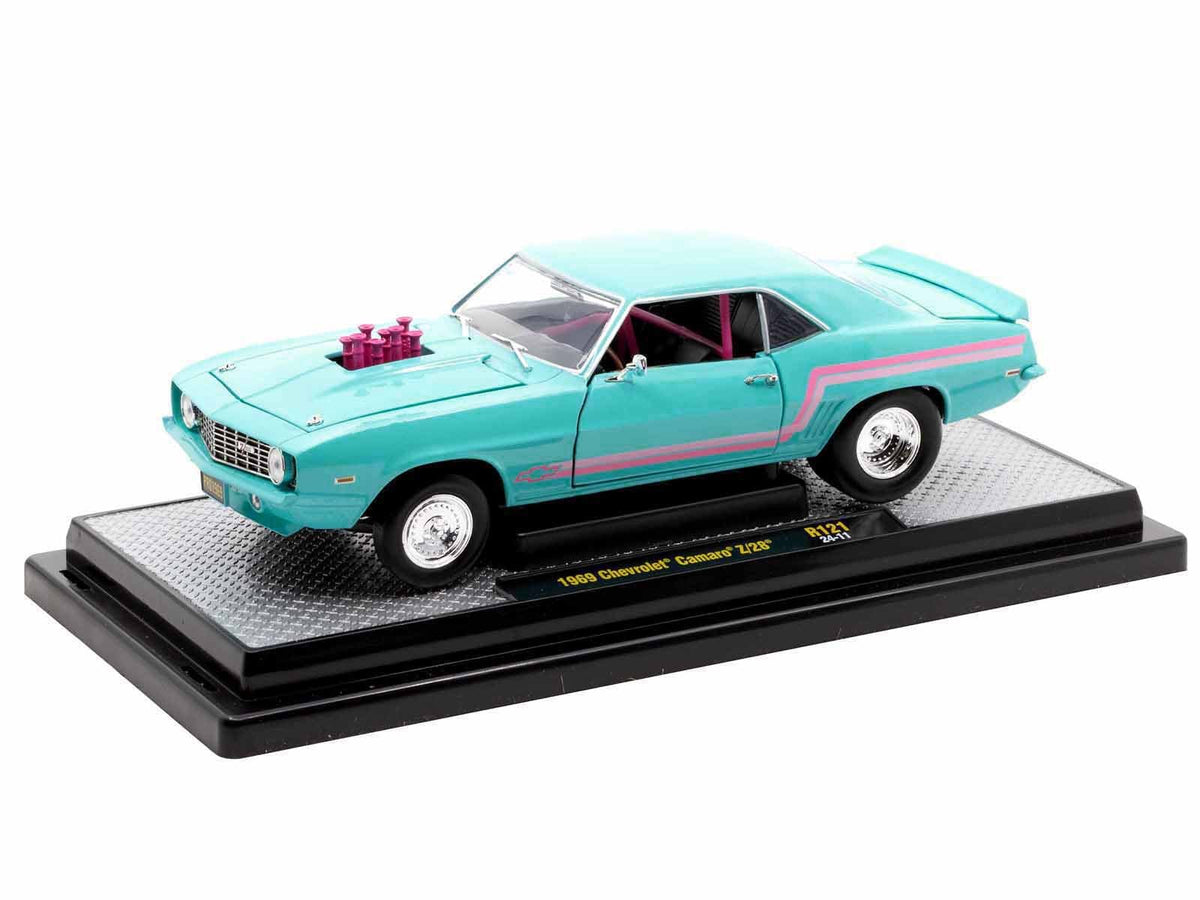 1969 Chevrolet Camaro Z/28 Light Blue with Pink Stripes "Pro Street" Limited Edition to 6250 pieces Worldwide 1/24 Diecast Model Car by M2 Machines-M2-ModelCars.com