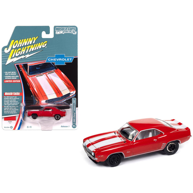 1969 Chevrolet Camaro Z28 Red with White Stripes and Interior "Muscle Cars USA" Series 1/64 Diecast Model Car by Johnny Lightning-Johnny Lightning-ModelCars.com