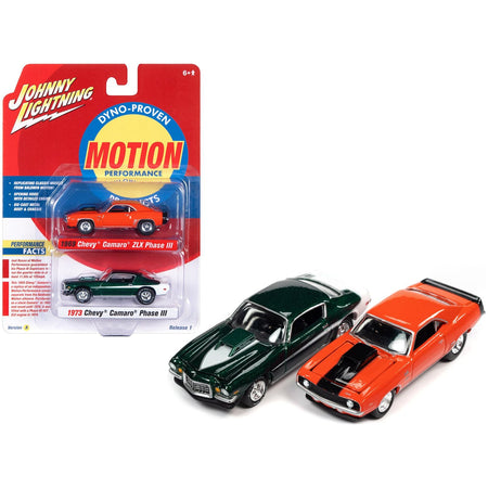 1969 Chevrolet Camaro ZLX Phase III Hugger Orange with Black Stripes and 1973 Chevrolet Camaro Phase III Dark Green Metallic and White "Baldwin Motion" Set of 2 Cars 1/64 Diecast Model Cars by Johnny Lightning - Johnny Lightning - ModelCars.com