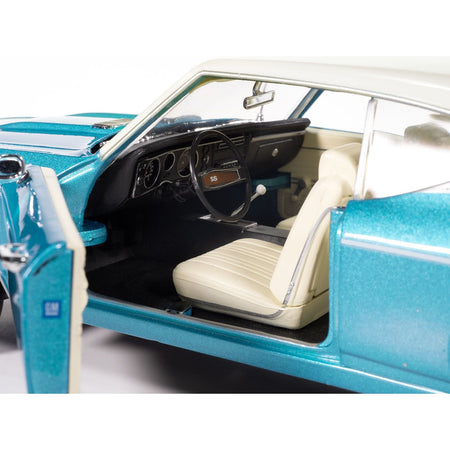 1969 Chevrolet Chevelle SS 396 Azure Turquoise Metallic with White Stripes White Vinyl Top and Interior "Muscle Car & Corvette Nationals" (MCACN) "American Muscle" Series 1/18 Diecast Model Car by Auto World-Autoworld-ModelCars.com