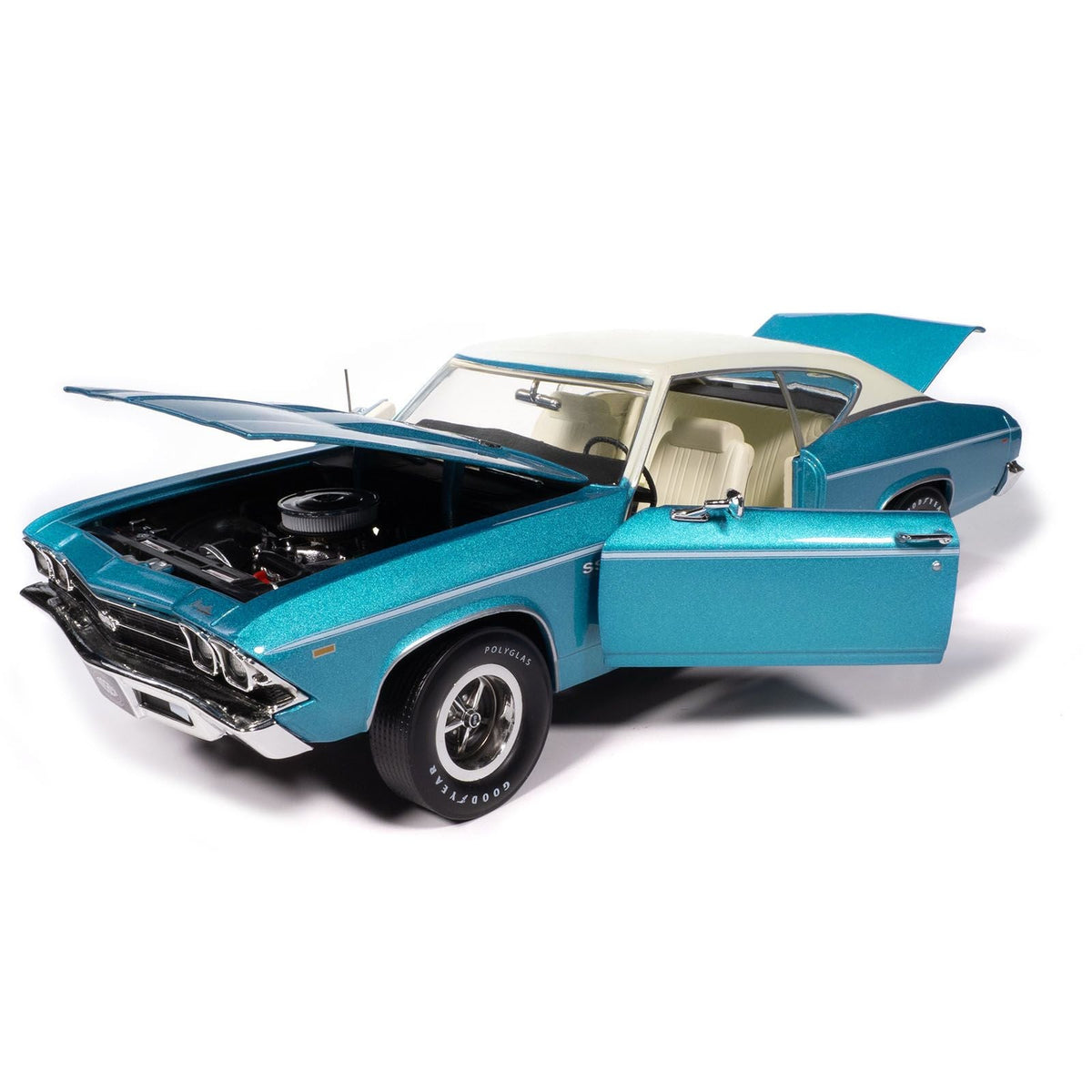 1969 Chevrolet Chevelle SS 396 Azure Turquoise Metallic with White Stripes White Vinyl Top and Interior "Muscle Car & Corvette Nationals" (MCACN) "American Muscle" Series 1/18 Diecast Model Car by Auto World-Autoworld-ModelCars.com