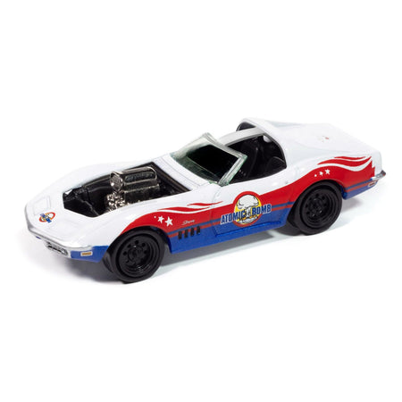 1969 Chevrolet Corvette "Atomic Bomb" White with Red and Blue Graphics "Stuntman Mike's Ride Along Racing" "Pop Culture" 2025 Release 1 1/64 Diecast Model Car by Johnny Lightning - Johnny Lightning - ModelCars.com