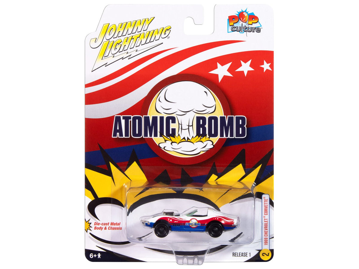 1969 Chevrolet Corvette "Atomic Bomb" White with Red and Blue Graphics "Stuntman Mike's Ride Along Racing" "Pop Culture" 2025 Release 1 1/64 Diecast Model Car by Johnny Lightning-Johnny Lightning-ModelCars.com
