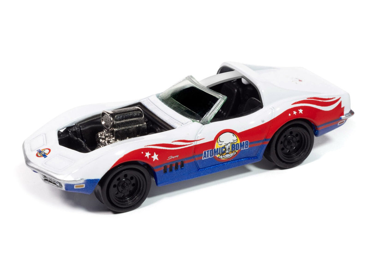 1969 Chevrolet Corvette "Atomic Bomb" White with Red and Blue Graphics "Stuntman Mike's Ride Along Racing" "Pop Culture" 2025 Release 1 1/64 Diecast Model Car by Johnny Lightning-Johnny Lightning-ModelCars.com