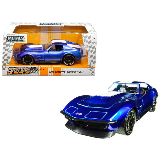 1969 Chevrolet Corvette Stingray ZL-21 Blue with White Stripe "Bigtime Muscle" 1/24 Diecast Model Car by Jada-Jada-ModelCars.com