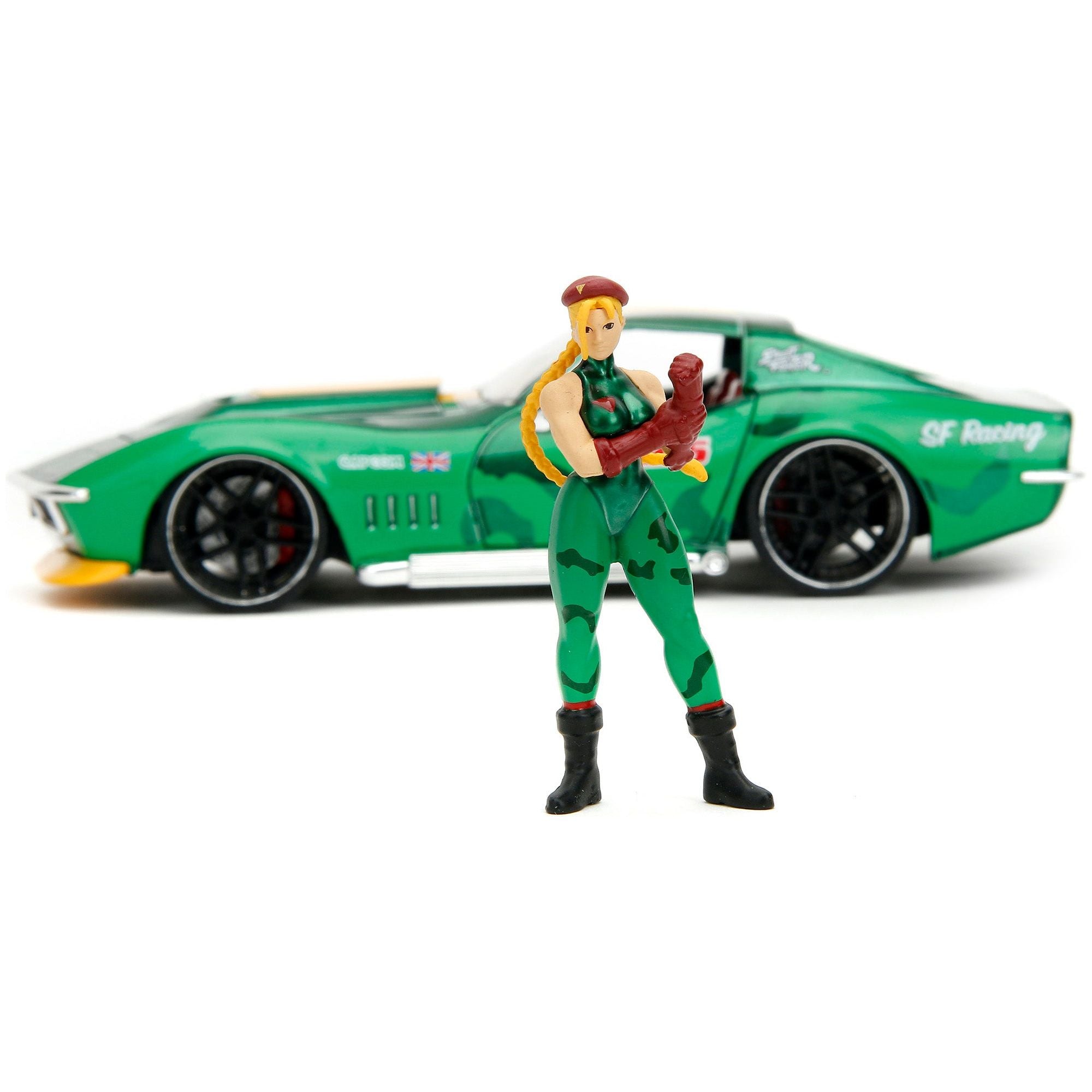 1969 Chevrolet Corvette Stingray ZL1 Green Metallic with Yellow Stripes and Cammy Diecast Figure "Street Fighter" Video Game "Anime Hollywood Rides" Series 1/24 Diecast Model Car by Jada - Jada - ModelCars.com