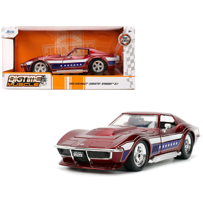 1969 Chevrolet Corvette Stingray ZL1 Red Metallic with Stars and Stripes Graphics "Bigtime Muscle" Series 1/24 Diecast Model Car by Jada-Jada-ModelCars.com