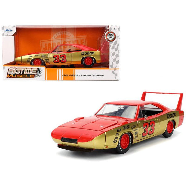 1969 Dodge Charger Daytona #33 Red and Gold Metallic with Graphics "Bigtime Muscle" Series 1/24 Diecast Model Car by Jada-Jada-ModelCars.com