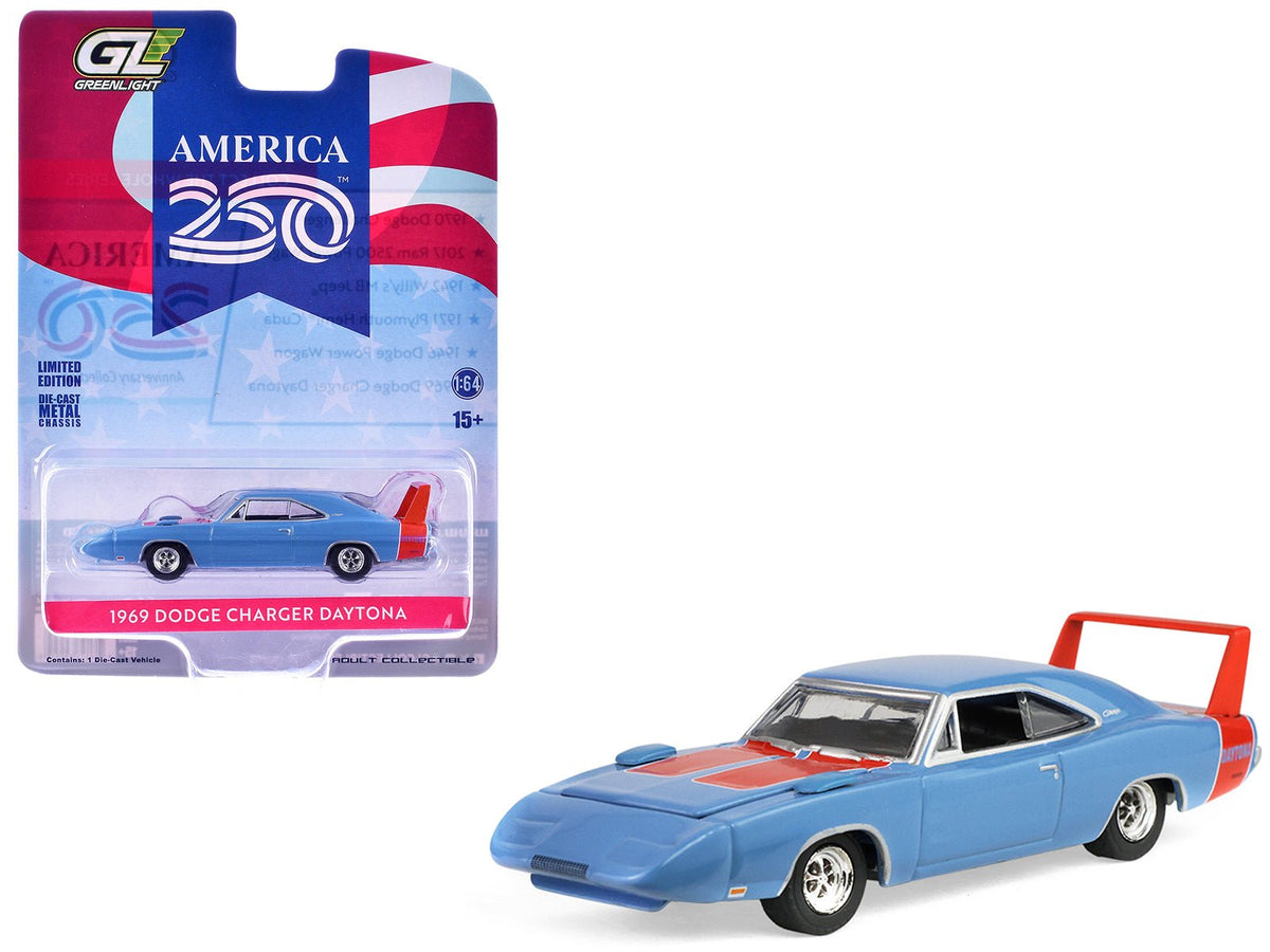 1969 Dodge Charger Daytona Blue with Red Stripes "America 250 Edition" "Anniversary Collection" Series 18 1/64 Diecast Model Car by Greenlight-Greenlight-ModelCars.com