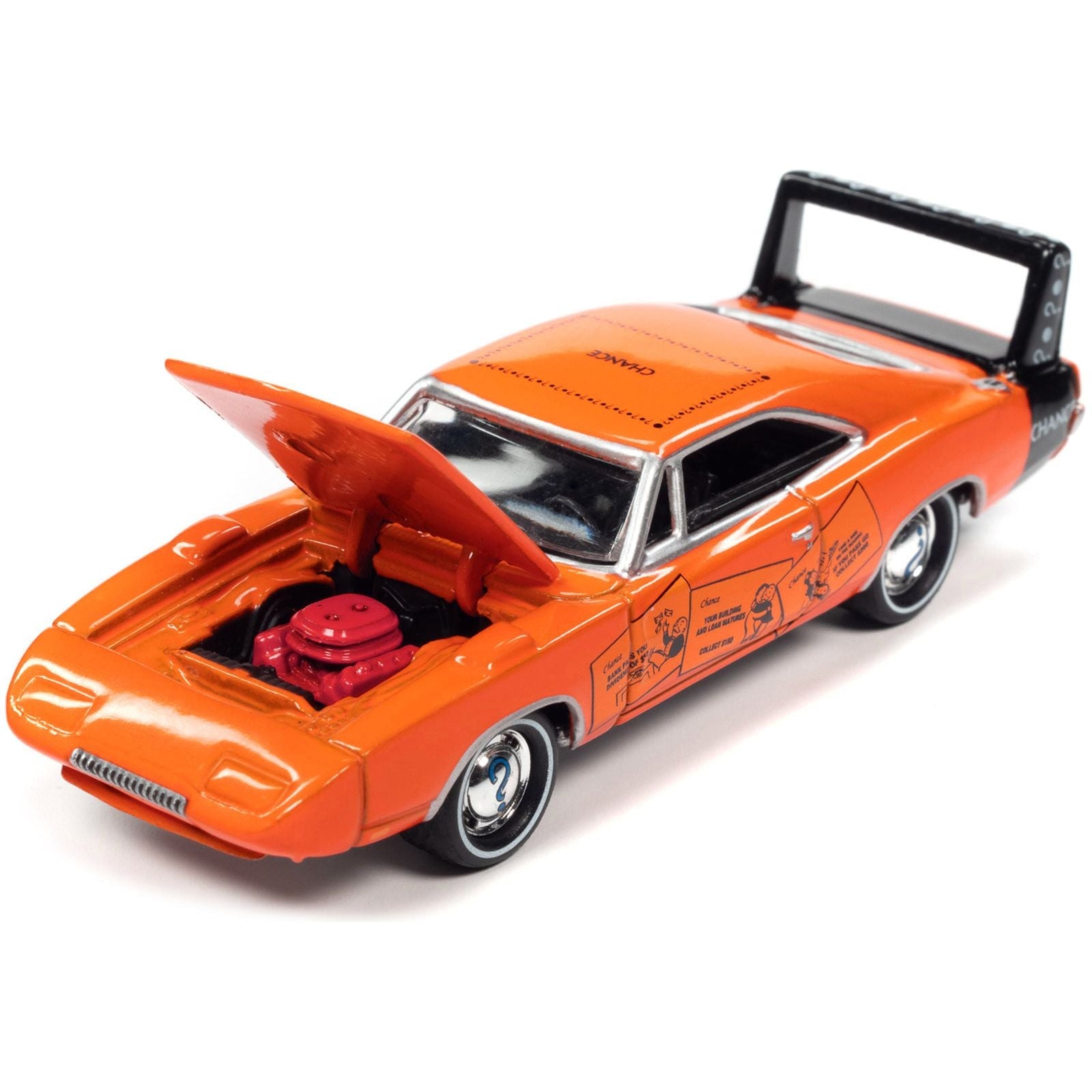 1969 Dodge Charger Daytona "Chance" Orange with Black Tail Stripe and Graphics with Game Token "Monopoly" "Pop Culture" 2022 Release 1 1/64 Diecast Model Car by Johnny Lightning - Johnny Lightning - ModelCars.com
