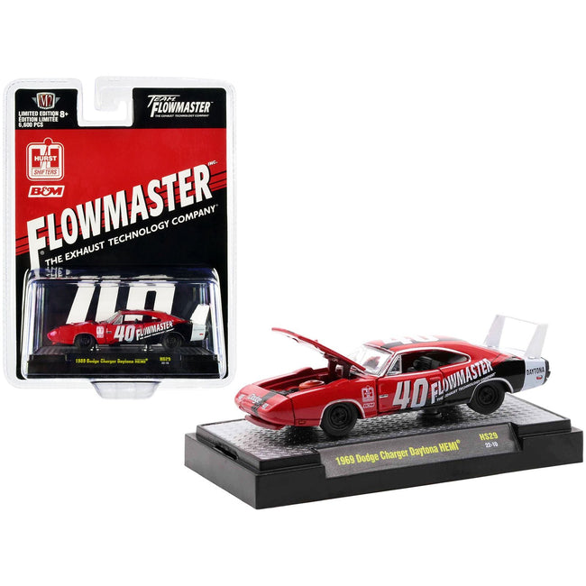 1969 Dodge Charger Daytona HEMI 40 Red with Graphics "Flowmaster" Limited Edition to 6600 pieces Worldwide 1/64 Diecast Model Car by M2 Machines - M2 - ModelCars.com