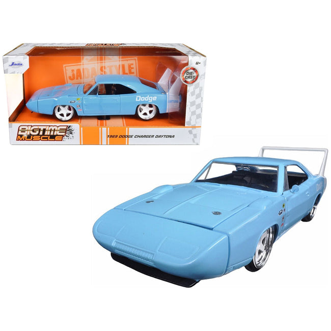 1969 Dodge Charger Daytona Light Blue with White "Bigtime Muscle" Series 1/24 Diecast Model Car by Jada-Jada-ModelCars.com