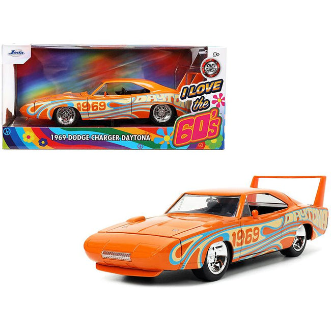1969 Dodge Charger Daytona Orange Metallic with Graphics "I Love the 1960's" Series 1/24 Diecast Model Car by Jada-Jada-ModelCars.com