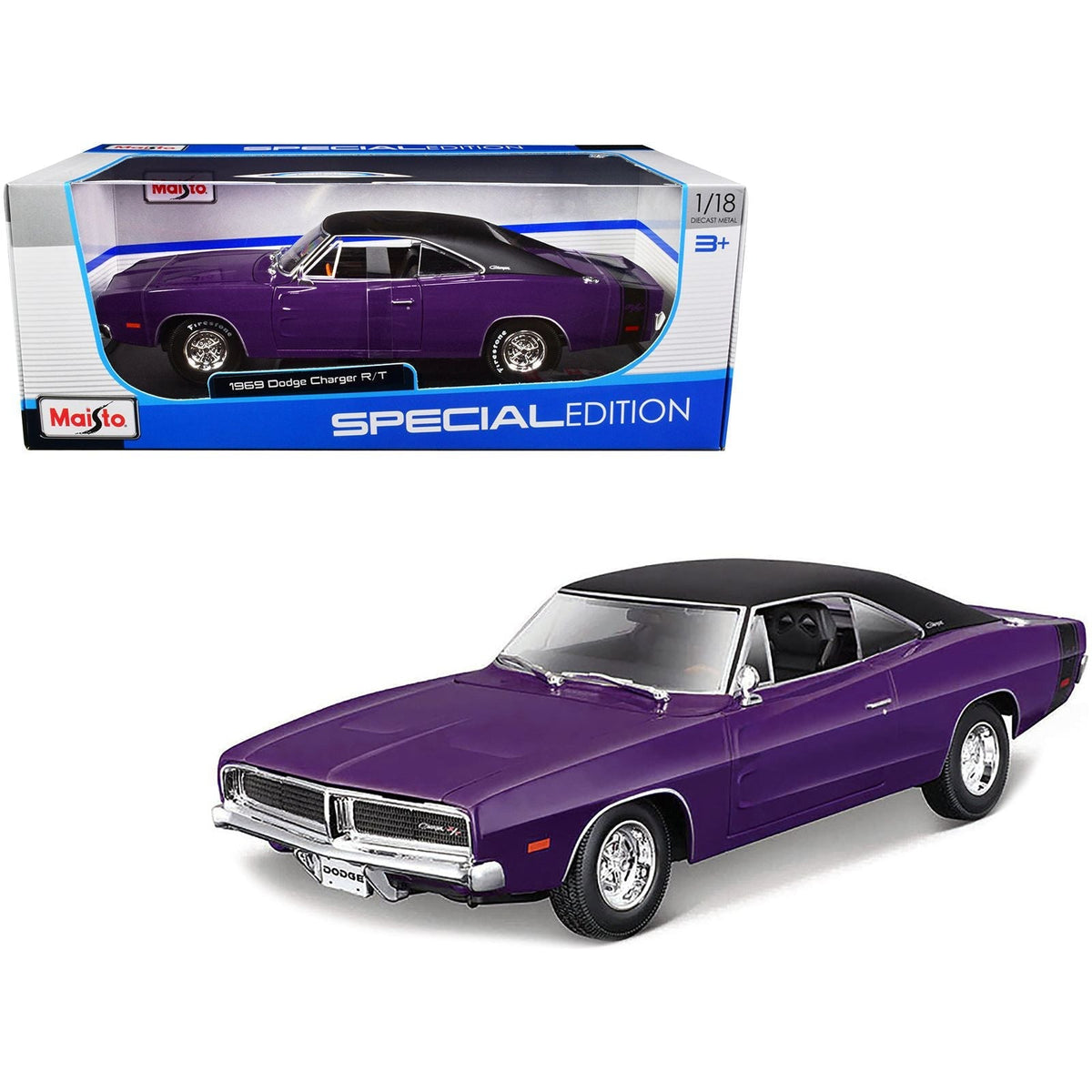 1969 Dodge Charger R/T Purple with Matt Black Top and Black Tail Stripe "Special Edition" 1/18 Diecast Model Car by Maisto-Maisto-ModelCars.com