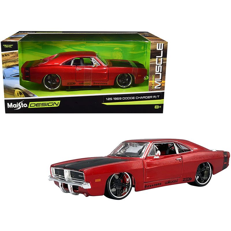 1969 Dodge Charger R/T Red Metallic with Black Hood and Black Stripes "Classic Muscle" 1/25 Diecast Model Car by Maisto - Maisto - ModelCars.com