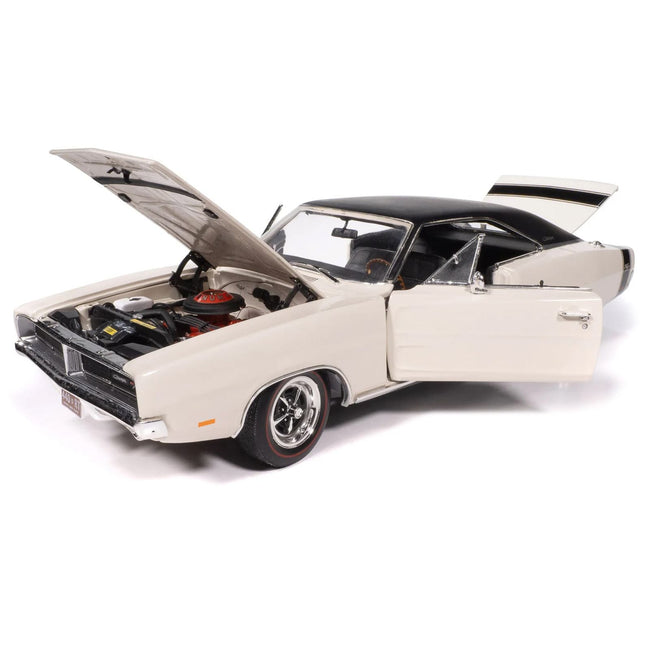 1969 Dodge Charger R/T W1 White with Black Vinyl Top and Black Tail Stripe "American Muscle" Series 1/18 Diecast Model Car by Auto World-Autoworld-ModelCars.com