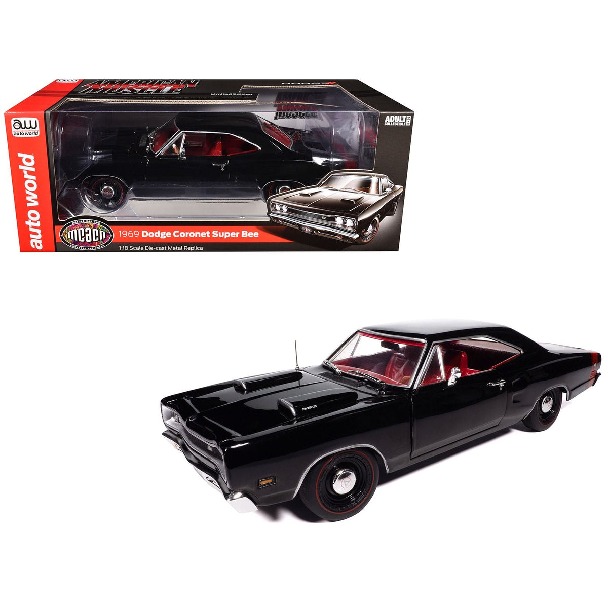 1969 Dodge Coronet Super Bee "Muscle Car & Corvette Nationals" (MCACN) Black with Red Interior "American Muscle" Series 1/18 Diecast Model Car by Auto World-Autoworld-ModelCars.com