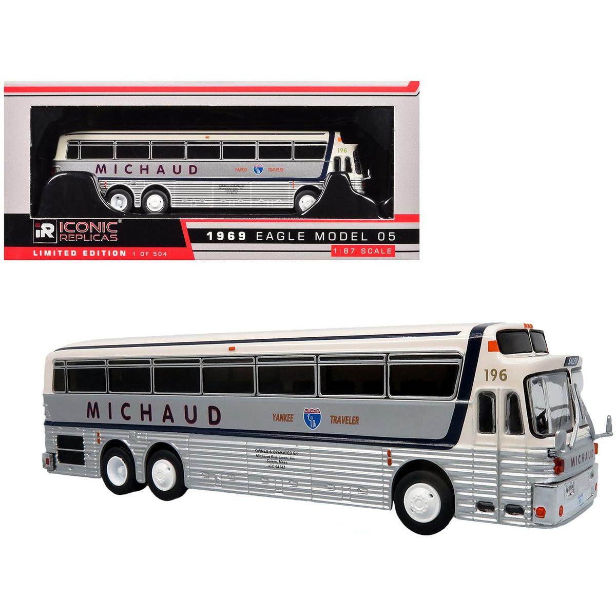 1969 Eagle Model 05 Coach Bus "Michaud Bus Lines Yankee Traveler" White and Silver with Black Stripes Limited Edition to 504 pieces Worldwide 1/87 (HO) Diecast Model by Iconic Replicas-Iconic Replicas-ModelCars.com