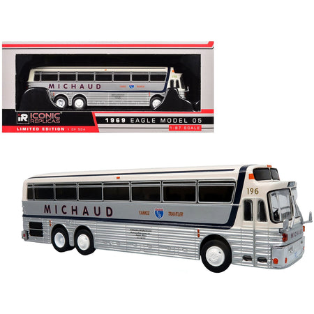 1969 Eagle Model 05 Coach Bus "Michaud Bus Lines Yankee Traveler" White and Silver with Black Stripes Limited Edition to 504 pieces Worldwide 1/87 (HO) Diecast Model by Iconic Replicas-Iconic Replicas-ModelCars.com