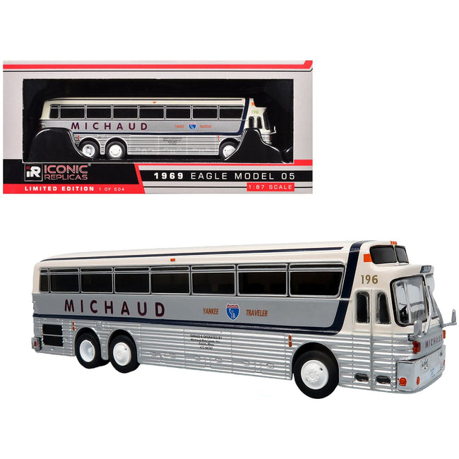 1969 Eagle Model 05 Coach Bus "Michaud Bus Lines Yankee Traveler" White and Silver with Black Stripes Limited Edition to 504 pieces Worldwide 1/87 (HO) Diecast Model by Iconic Replicas-Iconic Replicas-ModelCars.com