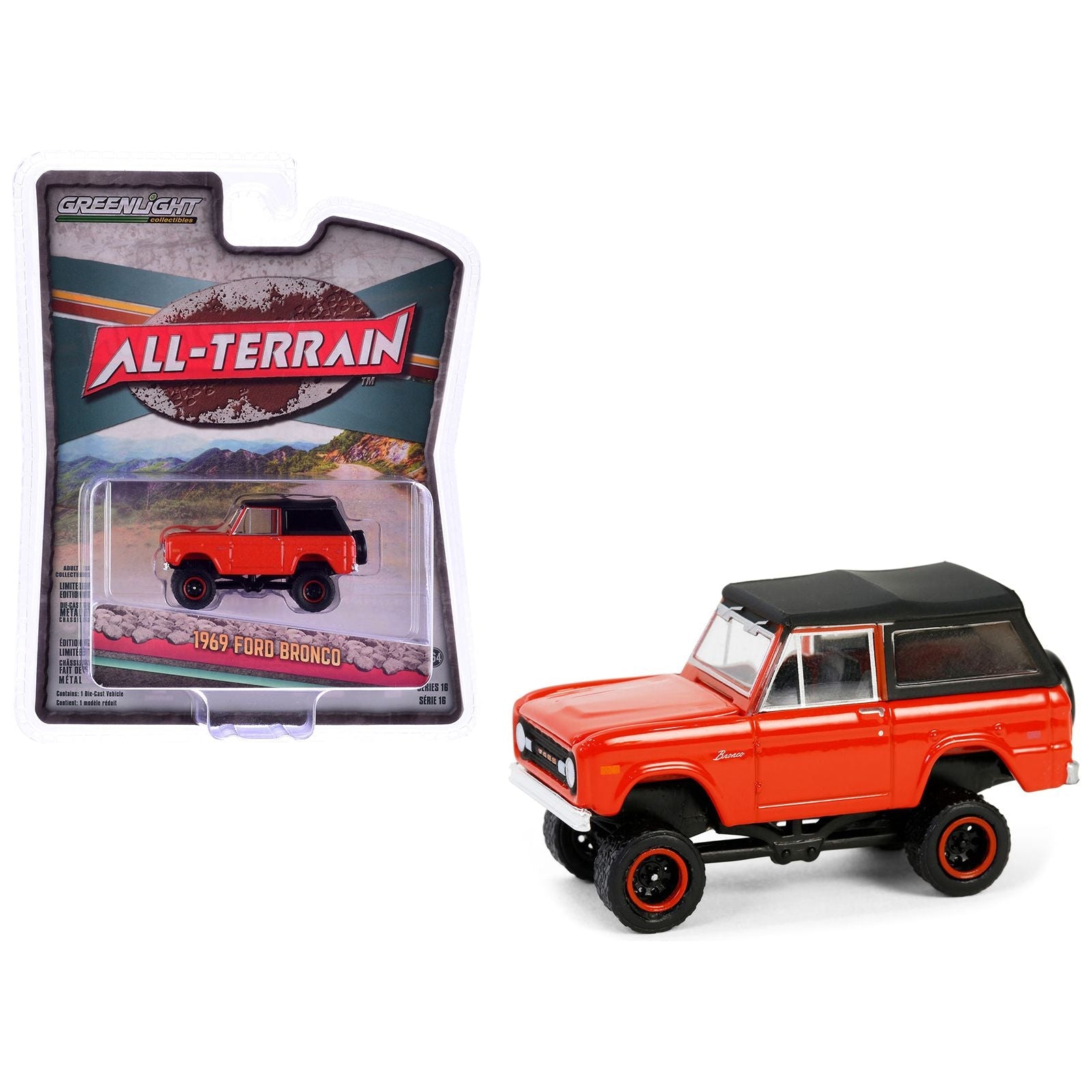 1969 Ford Bronco Poppy Red with Black Soft Top "All Terrain" Series 16 1/64 Diecast Model Car by Greenlight - Greenlight - ModelCars.com