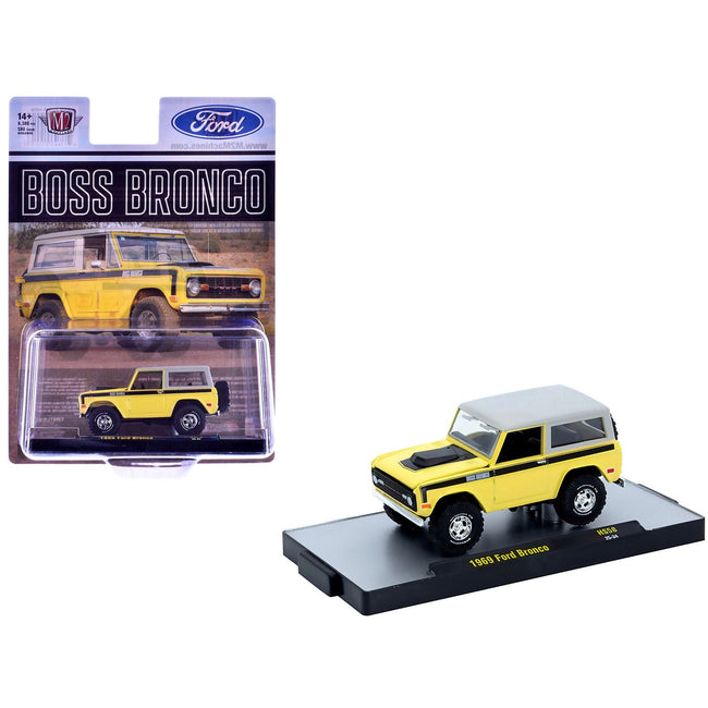 1969 Ford Bronco Yellow with Black Stripes and Gray Top Limited Edition to 6380 pieces Worldwide 1/64 Diecast Model Car by M2 Machines-M2-ModelCars.com