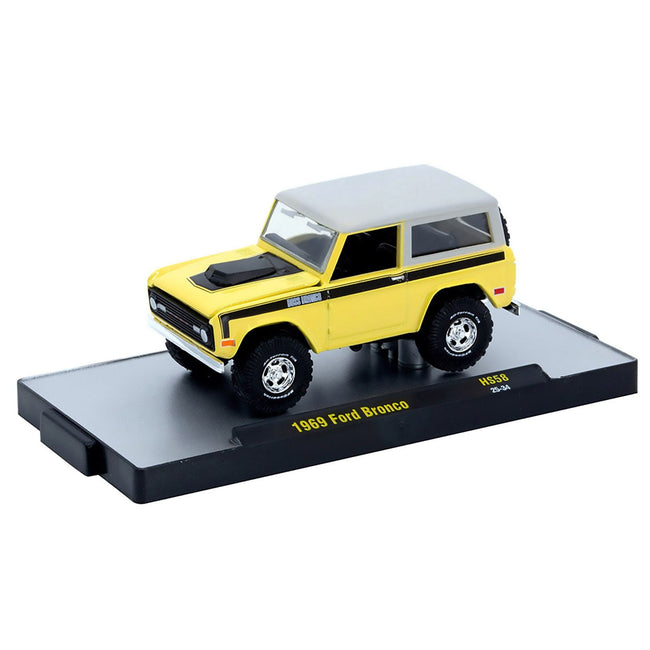 1969 Ford Bronco Yellow with Black Stripes and Gray Top Limited Edition to 6380 pieces Worldwide 1/64 Diecast Model Car by M2 Machines-M2-ModelCars.com