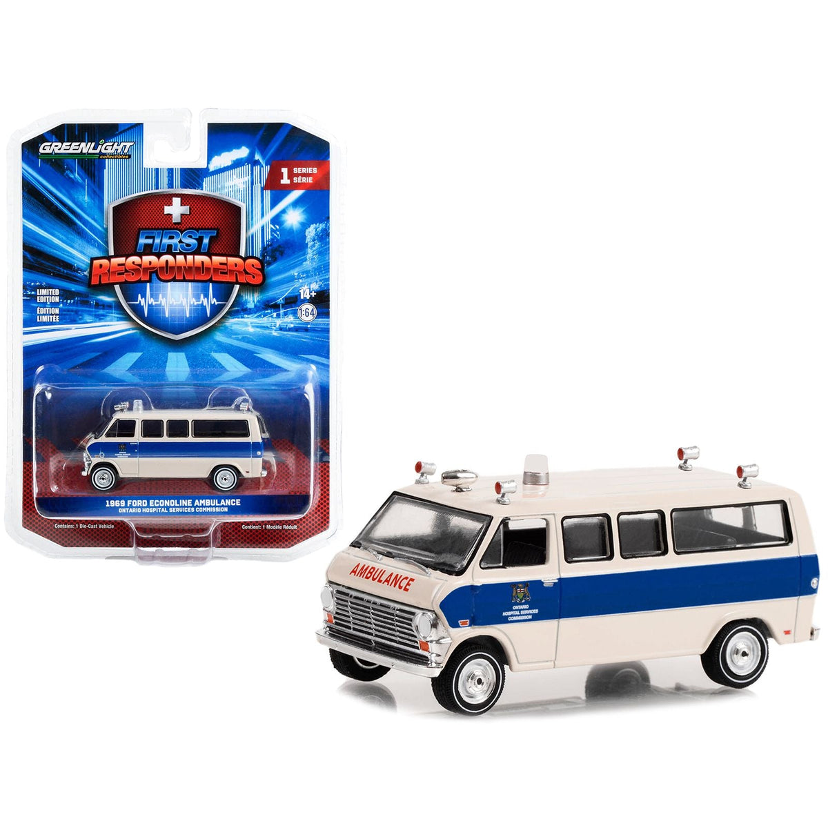 1969 Ford Econoline Ambulance Beige with Blue Stripes "Ontario Hospital Services Commission Ontario Canada" "First Responders" Series 1 1/64 Diecast Model Car by Greenlight-Greenlight-ModelCars.com