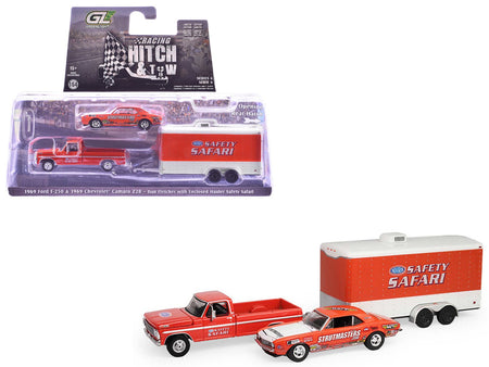 1969 Ford F-250 Pickup Truck Red and 1969 Chevrolet Camaro Z28 "Dan Fletcher" Orange with White Hood "NHRA Safety Team" with Enclosed Car Trailer "Racing Hitch & Tow" Series 6 1/64 Diecast Model Cars by Greenlight-Greenlight-ModelCars.com