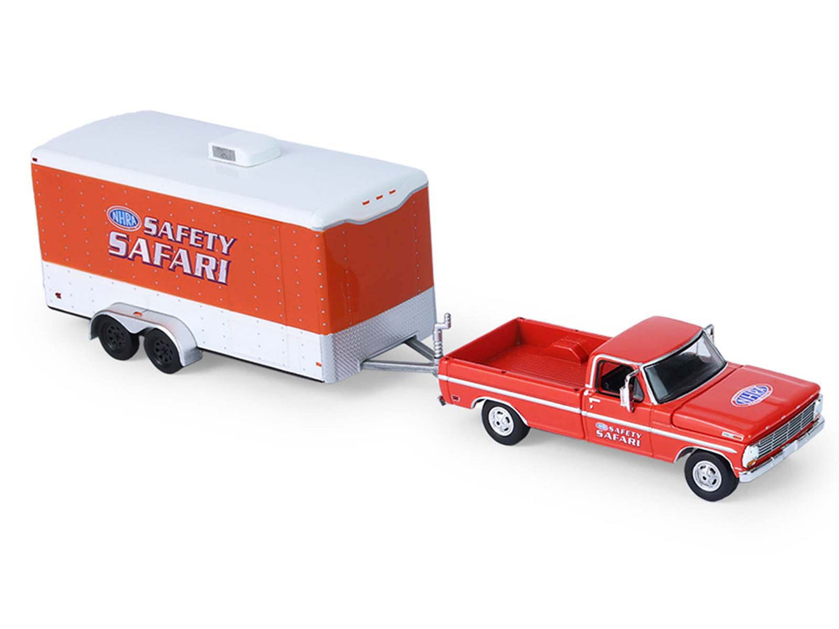 1969 Ford F-250 Pickup Truck Red and 1969 Chevrolet Camaro Z28 "Dan Fletcher" Orange with White Hood "NHRA Safety Team" with Enclosed Car Trailer "Racing Hitch & Tow" Series 6 1/64 Diecast Model Cars by Greenlight-Greenlight-ModelCars.com
