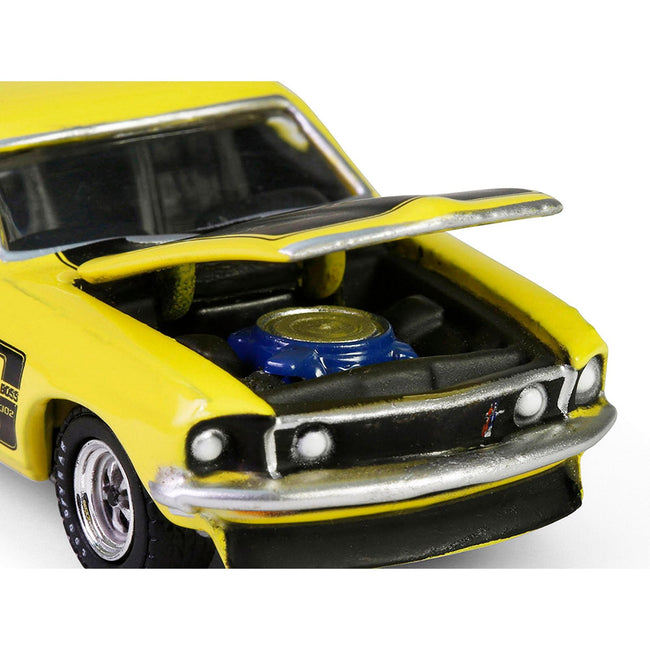 1969 Ford Mustang Boss 302 Bright Yellow with Black Hood and Stripes "Barrett-Jackson" Series 15 1/64 Diecast Model Car by Greenlight-Greenlight-ModelCars.com