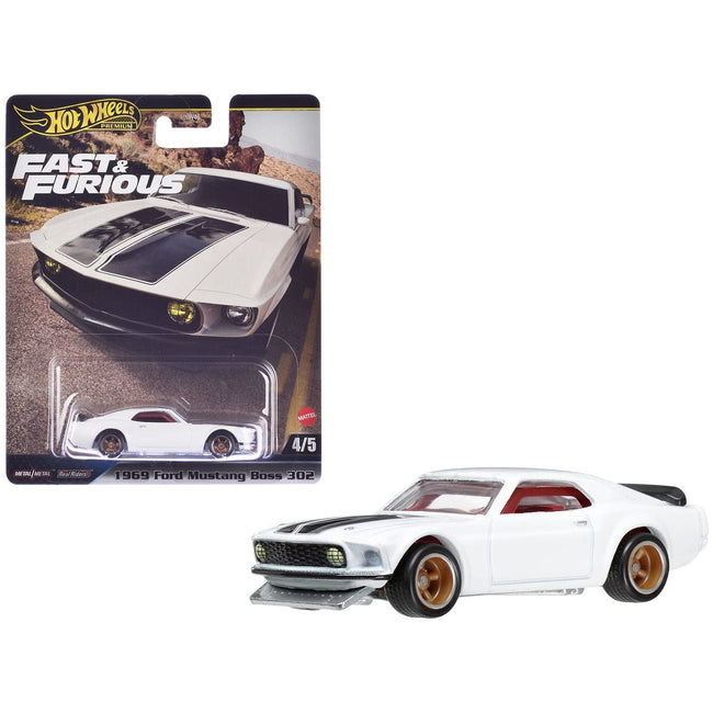 1969 Ford Mustang Boss 302 White with Black Stripes "Fast & Furious 6" (2013) Movie "Premium" Series Diecast Model Car by Hot Wheels-Hotwheels-ModelCars.com