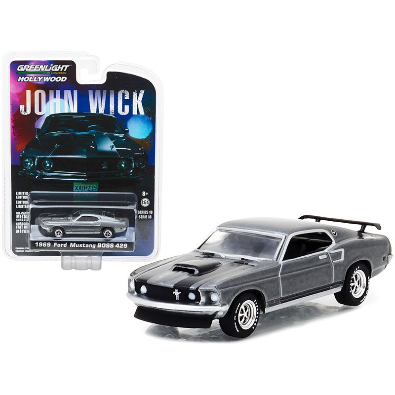 1969 Ford Mustang Boss 429 Gray Metallic with Black Stripes "John Wick" (2014) Movie "Hollywood Series" Release 18 1/64 Diecast Model Car by Greenlight - Greenlight - ModelCars.com