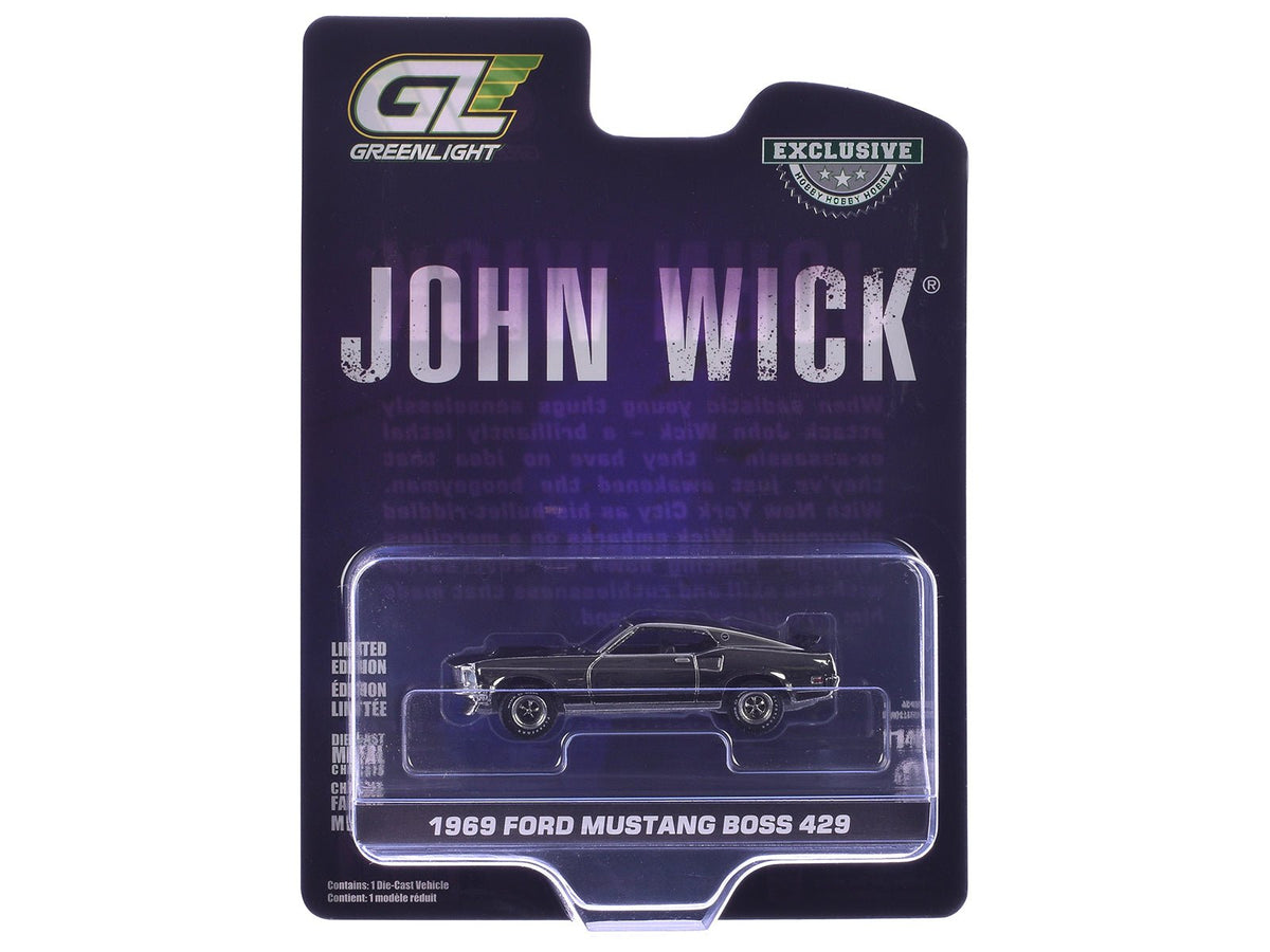 1969 Ford Mustang Boss 429 Silver Chrome Edition with Black Stripes "John Wick" (2014) Movie "Hobby Exclusive" Series 1/64 Diecast Model Car by Greenlight-Greenlight-ModelCars.com
