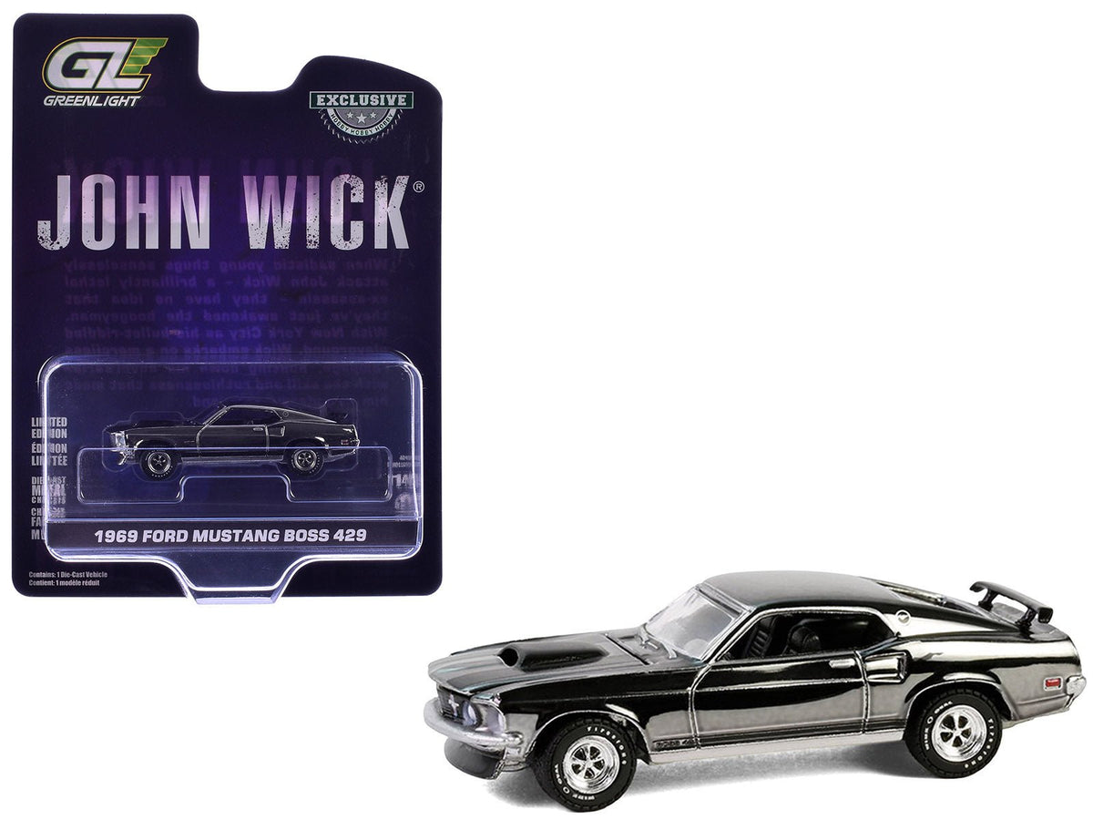 1969 Ford Mustang Boss 429 Silver Chrome Edition with Black Stripes "John Wick" (2014) Movie "Hobby Exclusive" Series 1/64 Diecast Model Car by Greenlight-Greenlight-ModelCars.com