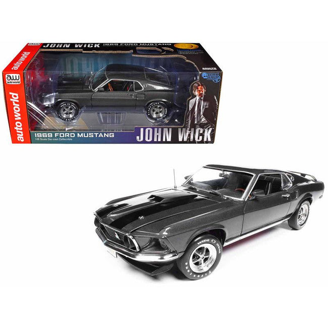 1969 Ford Mustang Dark Gray Metallic with Black Stripes "John Wick" (2014) Movie "Silver Screen Machines" Series 1/18 Diecast Model Car by Auto World - Autoworld - ModelCars.com
