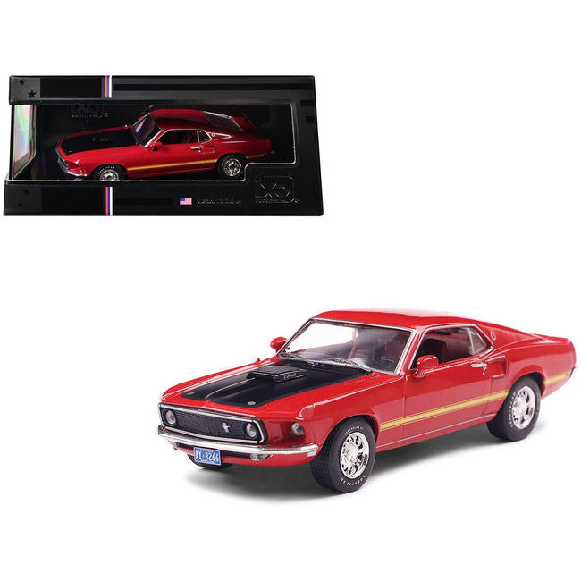 1969 Ford Mustang Mach 1 Calypso Coral Red with Black Hood and Yellow Stripes 1/43 Diecast Model Car by IXO Models - IXO - ModelCars.com