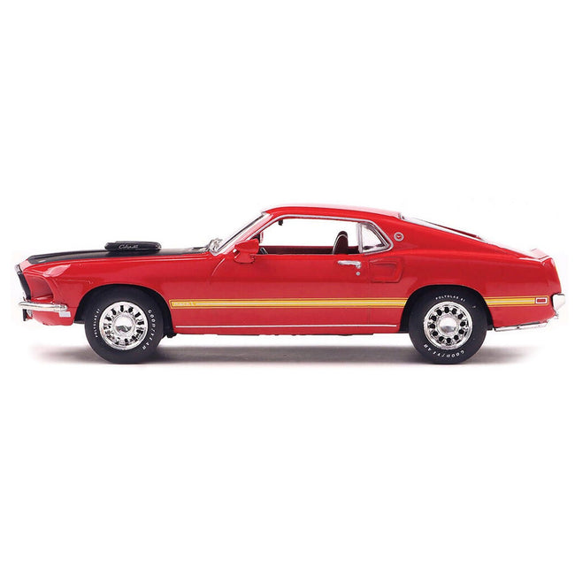 1969 Ford Mustang Mach 1 Calypso Coral Red with Black Hood and Yellow Stripes 1/43 Diecast Model Car by IXO Models - IXO - ModelCars.com