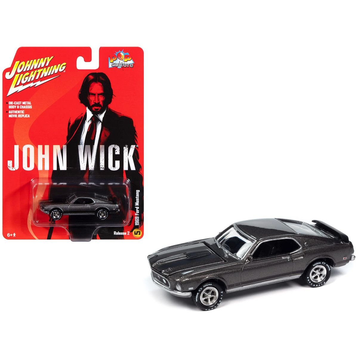 1969 Ford Mustang Mach I Gray Metallic with Black Stripes "John Wick" (2014) Movie "Pop Culture" 2024 Release 2 1/64 Diecast Model Car by Johnny Lightning - Johnny Lightning - ModelCars.com