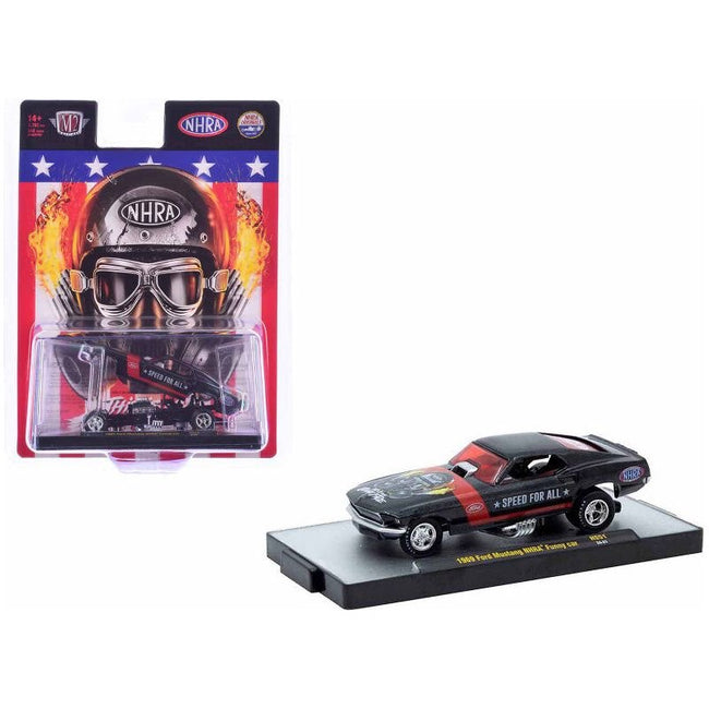 1969 Ford Mustang NHRA Funny Car Black Metallic with Red Stripes and Graphics Limited Edition to 3762 pieces Worldwide 1/64 Diecast Model Car by M2 Machines - M2 - ModelCars.com