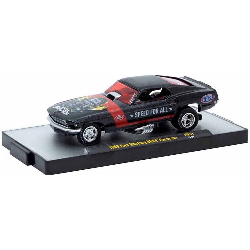 1969 Ford Mustang NHRA Funny Car Black Metallic with Red Stripes and Graphics Limited Edition to 3762 pieces Worldwide 1/64 Diecast Model Car by M2 Machines - M2 - ModelCars.com